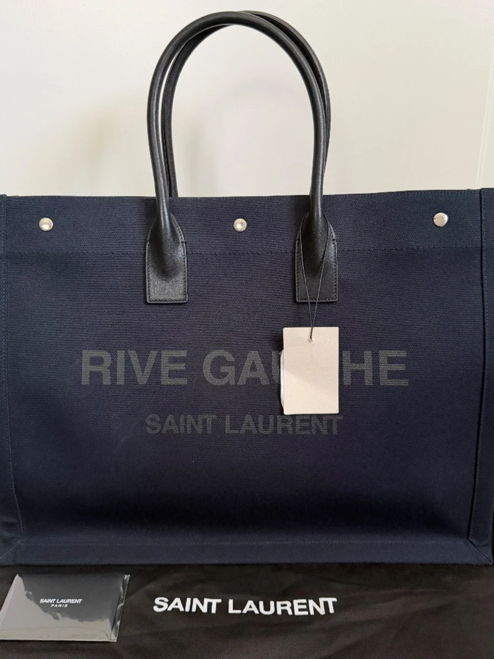 Saint Laurent YSL Rive Gauche Navy Black Canvas Logo Leather Tote Bag